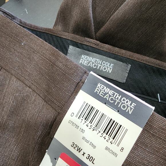 Kenneth Cole Reaction Wool Stop Blend Brown 32x28 Dress Pants Flat Front New - Picture 6 of 8